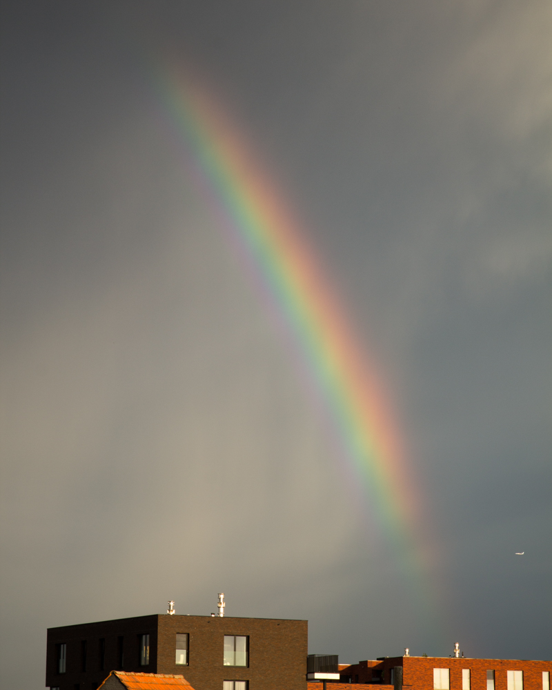 A grey and cloudy sky that shows the beginning of a rainbow, starting from the bottom right corner - just above an apartment building - and goes to the top left corner. Above the apartment building in the bottom right corner, is a plane flying towards the rainbow. 