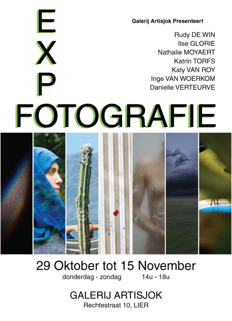 Poster of the Expo with the names of the 7 photographers on it, 7 small fragments of photos, the dates (29/10/2020 untill 15/11/2020) and the place (Artisjok, Rechtestraat 10, Lier Belgium)