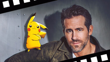 A headshot of the actor Ryan Reynolds with a drawn Pikachu resting on his right shoulder.