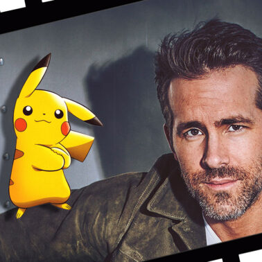 A headshot of the actor Ryan Reynolds with a drawn Pikachu resting on his right shoulder.